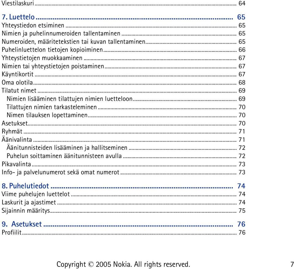 .. 69 Nimien lisääminen tilattujen nimien luetteloon... 69 Tilattujen nimien tarkasteleminen... 70 Nimen tilauksen lopettaminen... 70 Asetukset... 70 Ryhmät... 71 Äänivalinta.