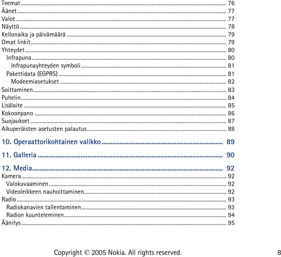 .. 85 Kokoonpano... 86 Suojaukset... 87 Alkuperäisten asetusten palautus... 88 10. Operaattorikohtainen valikko... 89 11. Galleria... 90 12.
