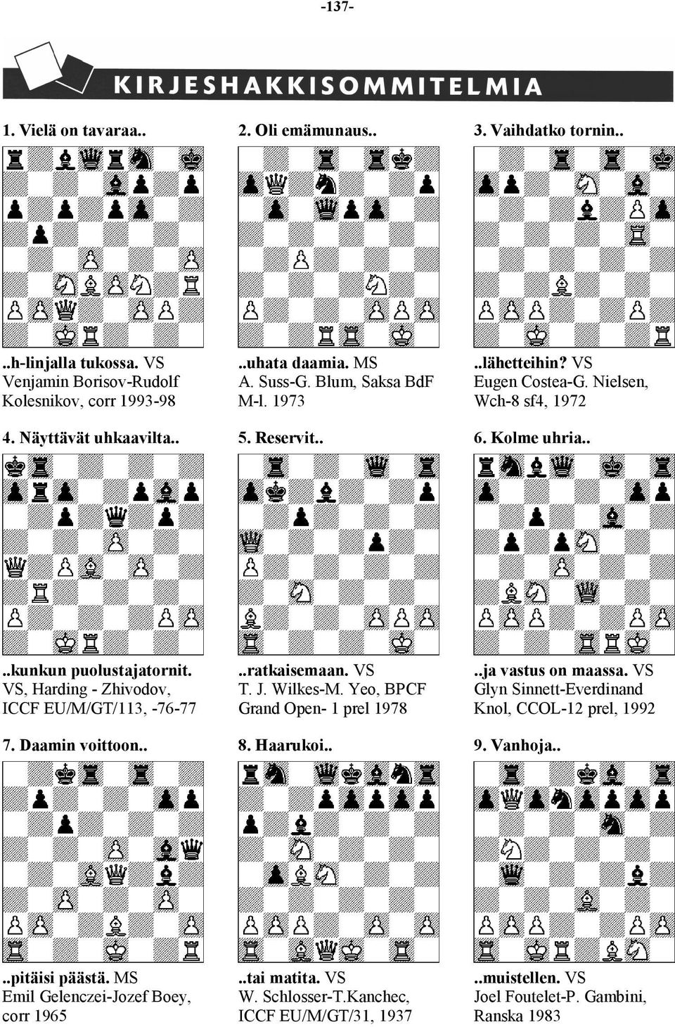 VS, Harding - Zhivodov, ICCF EU/M/GT/113, -76-77 7. Daamin voittoon....ratkaisemaan. VS T. J. Wilkes-M. Yeo, BPCF Grand Open- 1 prel 1978 8. Haarukoi....ja vastus on maassa.