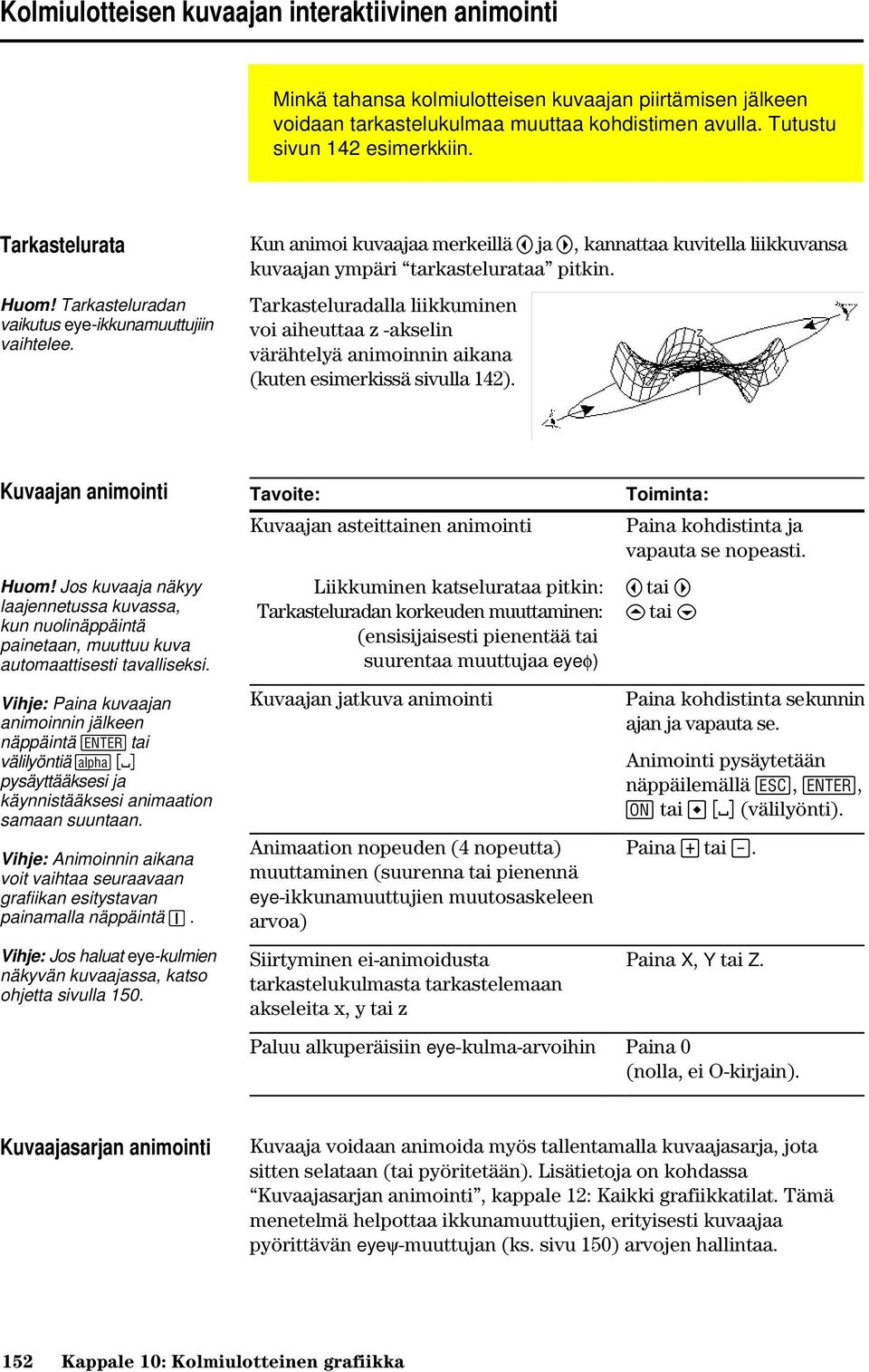 Tarkasteluradalla liikkuminen voi aiheuttaa z -akselin värähtelyä animoinnin aikana (kuten esimerkissä sivulla 142). Kuvaajan animointi Huom!