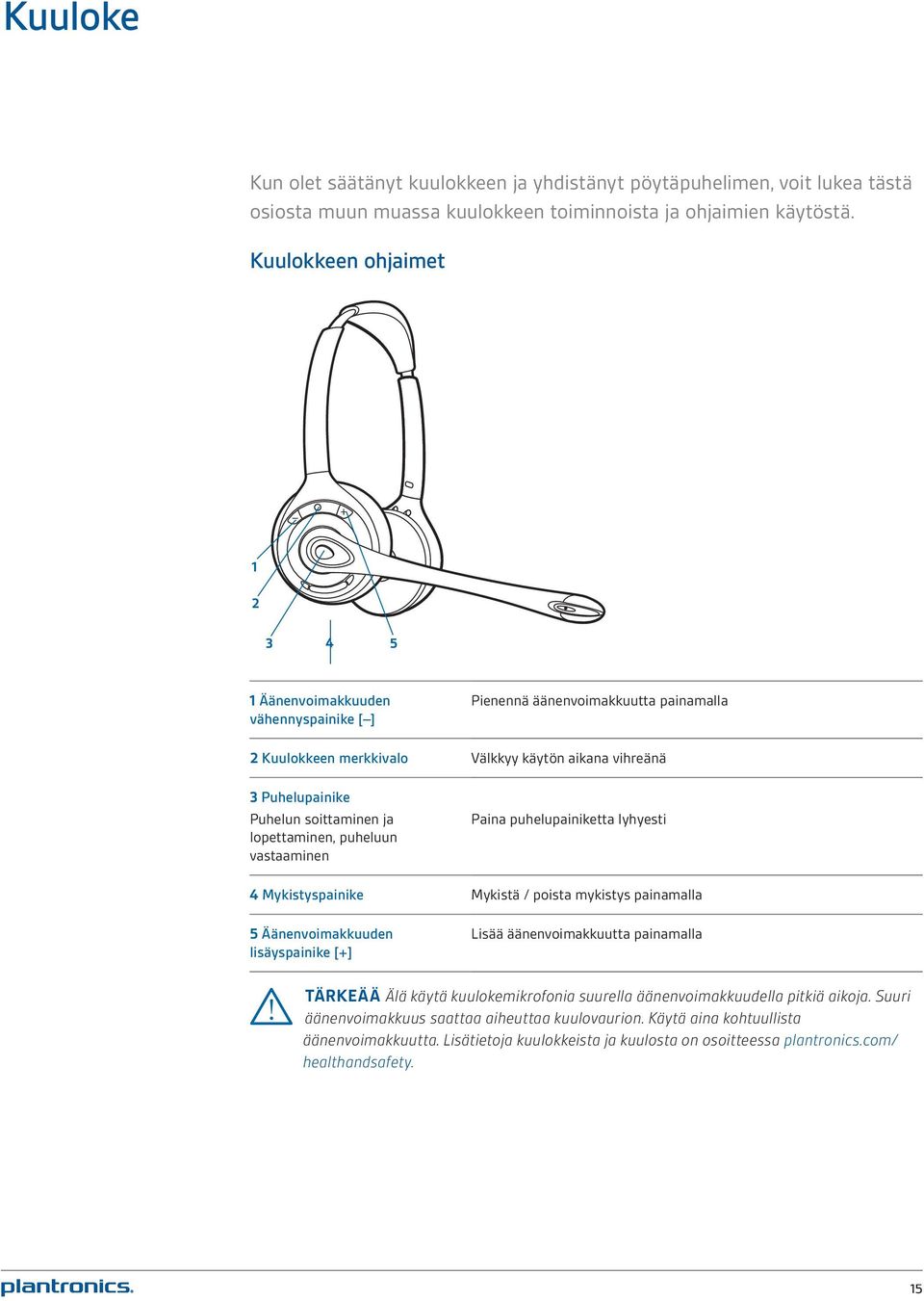 ja lopettaminen, puheluun vastaaminen Paina puhelupainiketta lyhyesti 4 Mykistyspainike Mykistä / poista mykistys painamalla 5 Äänenvoimakkuuden lisäyspainike [+] Lisää äänenvoimakkuutta painamalla