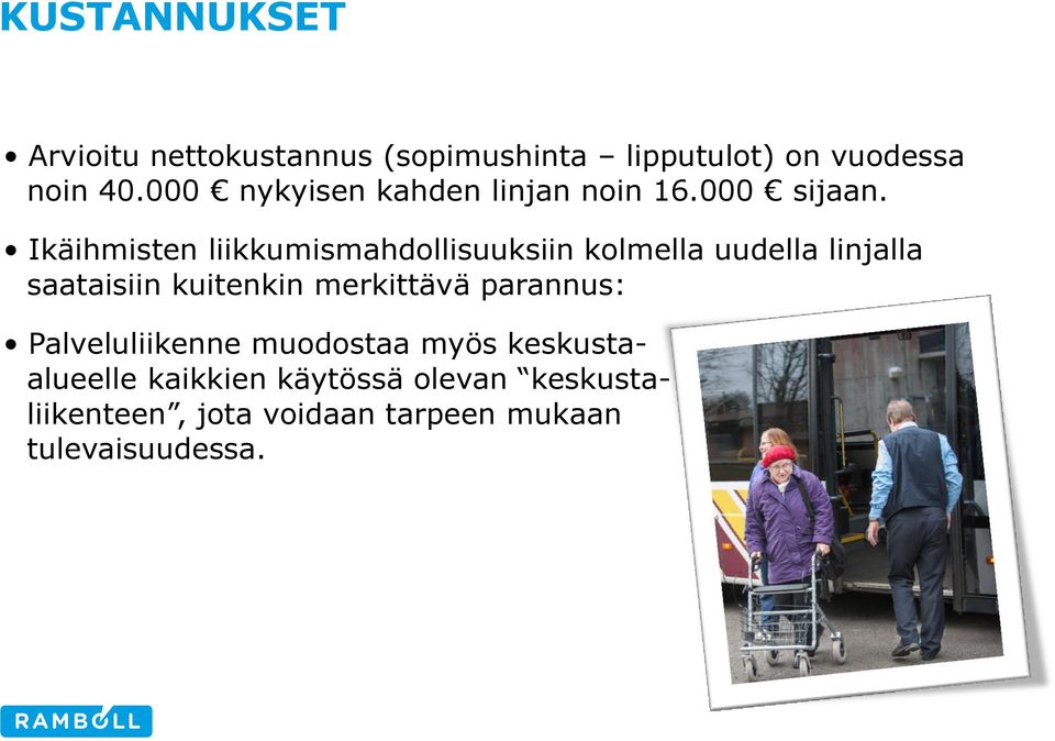 Ikäihmisten liikkumismahdollisuuksiin kolmella uudella linjalla saataisiin kuitenkin merkittävä