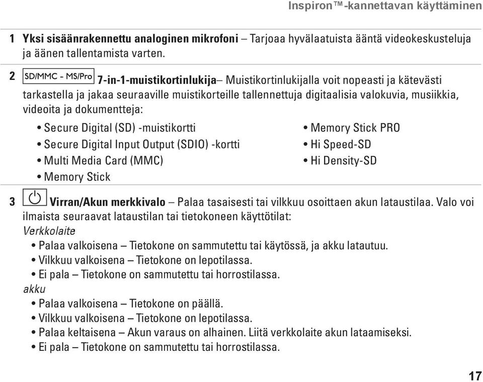 dokumentteja: Secure Digital (SD) -muistikortti Secure Digital Input Output (SDIO) -kortti Multi Media Card (MMC) Memory Stick Memory Stick PRO Hi Speed-SD Hi Density-SD 3 Virran/Akun merkkivalo