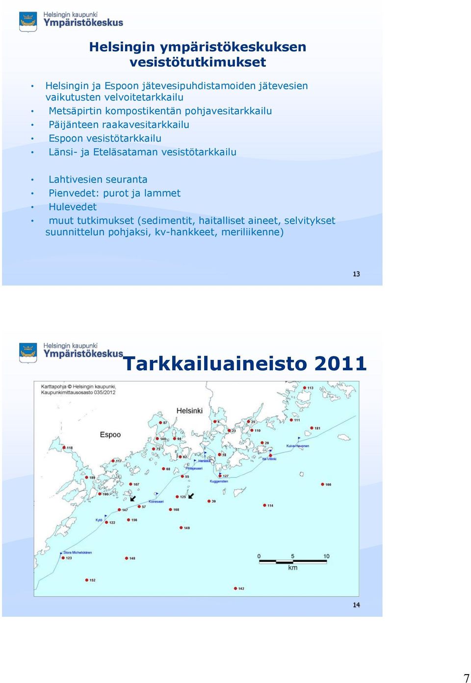 Länsi- ja Eteläsataman vesistötarkkailu Lahtivesien seuranta Pienvedet: purot ja lammet Hulevedet muut tutkimukset