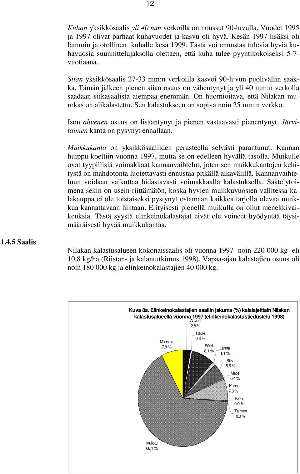 Tämän jälkeen pienen siian osuus on vähentynyt ja yli 40 mm:n verkolla saadaan siikasaalista aiempaa enemmän. On huomioitava, että Nilakan murokas on alikalastettu.
