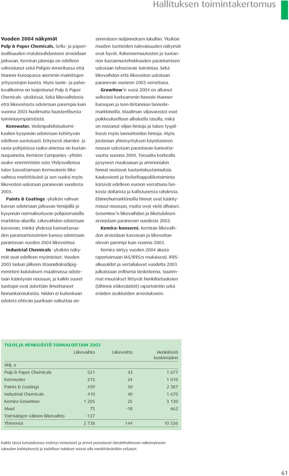 Myös tuote ja palveluvalikoima on laajentunut Pulp & Paper Chemicals yksikössä. Sekä liikevaihdosta että liikevoitosta odotetaan parempia kuin vuonna huolimatta haasteellisesta toimintaympäristöstä.