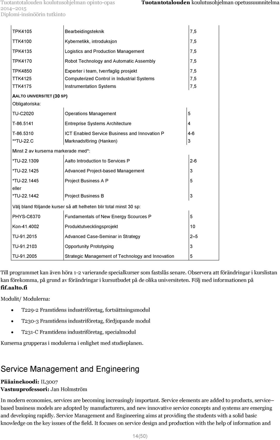 5141 Entreprise Systems Architecture 4 T-86.5310 **TU-22.C ICT Enabled Service Business and Innovation P Marknadsföring (Hanken) 4-6 3 Minst 2 av kurserna markerade med*: *TU-22.