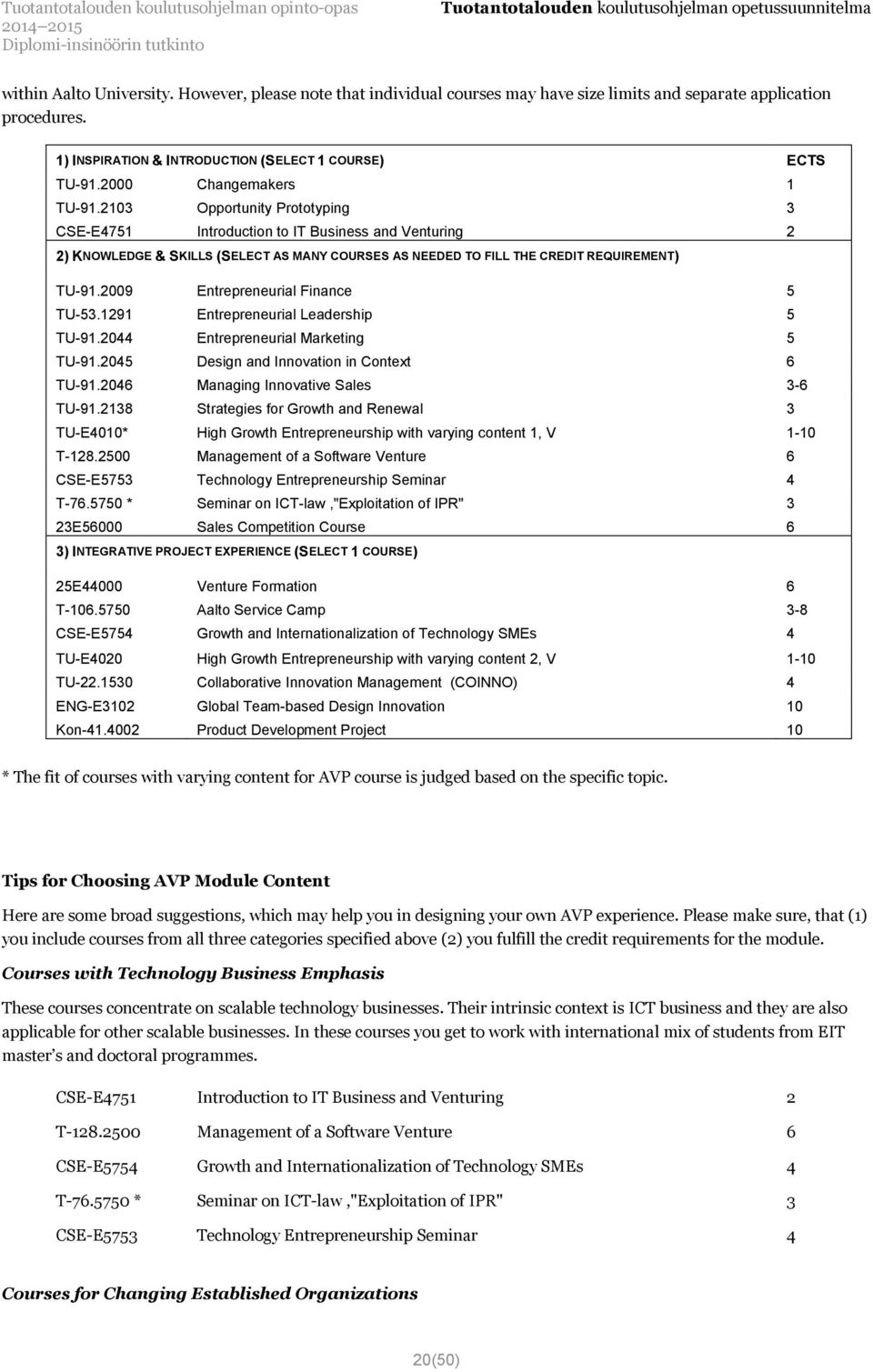 2103 Opportunity Prototyping 3 CSE-E4751 Introduction to IT Business and Venturing 2 2) KNOWLEDGE & SKILLS (SELECT AS MANY COURSES AS NEEDED TO FILL THE CREDIT REQUIREMENT) TU-91.