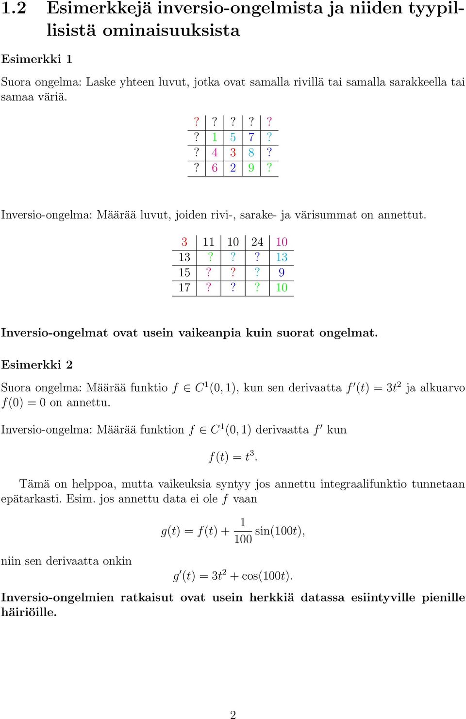 Esimerkki 2 Suora ongelma: Määrää funktio f C (0, ), kun sen derivaatta f (t) = 3t 2 ja alkuarvo f(0) = 0 on annettu. Inversio-ongelma: Määrää funktion f C (0, ) derivaatta f kun f(t) = t 3.