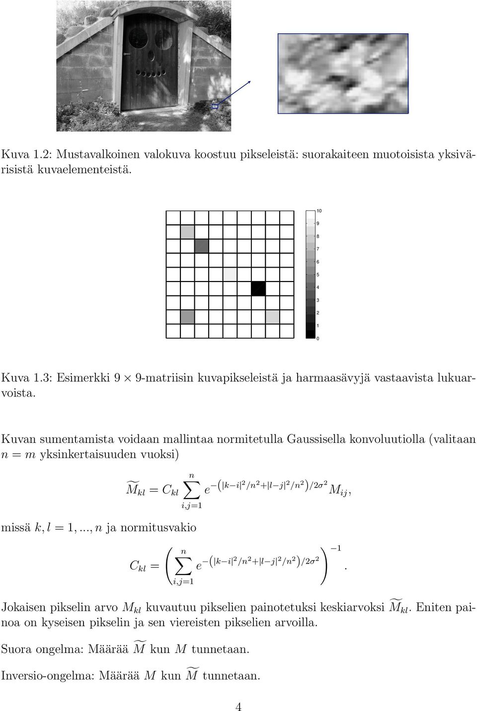 Kuvan sumentamista voidaan mallintaa normitetulla Gaussisella konvoluutiolla (valitaan n = m yksinkertaisuuden vuoksi) fkl = Ckl M n X e ( k i 2 /n2 + l j 2 /n2 )/2σ2 M, ij i,j= missa