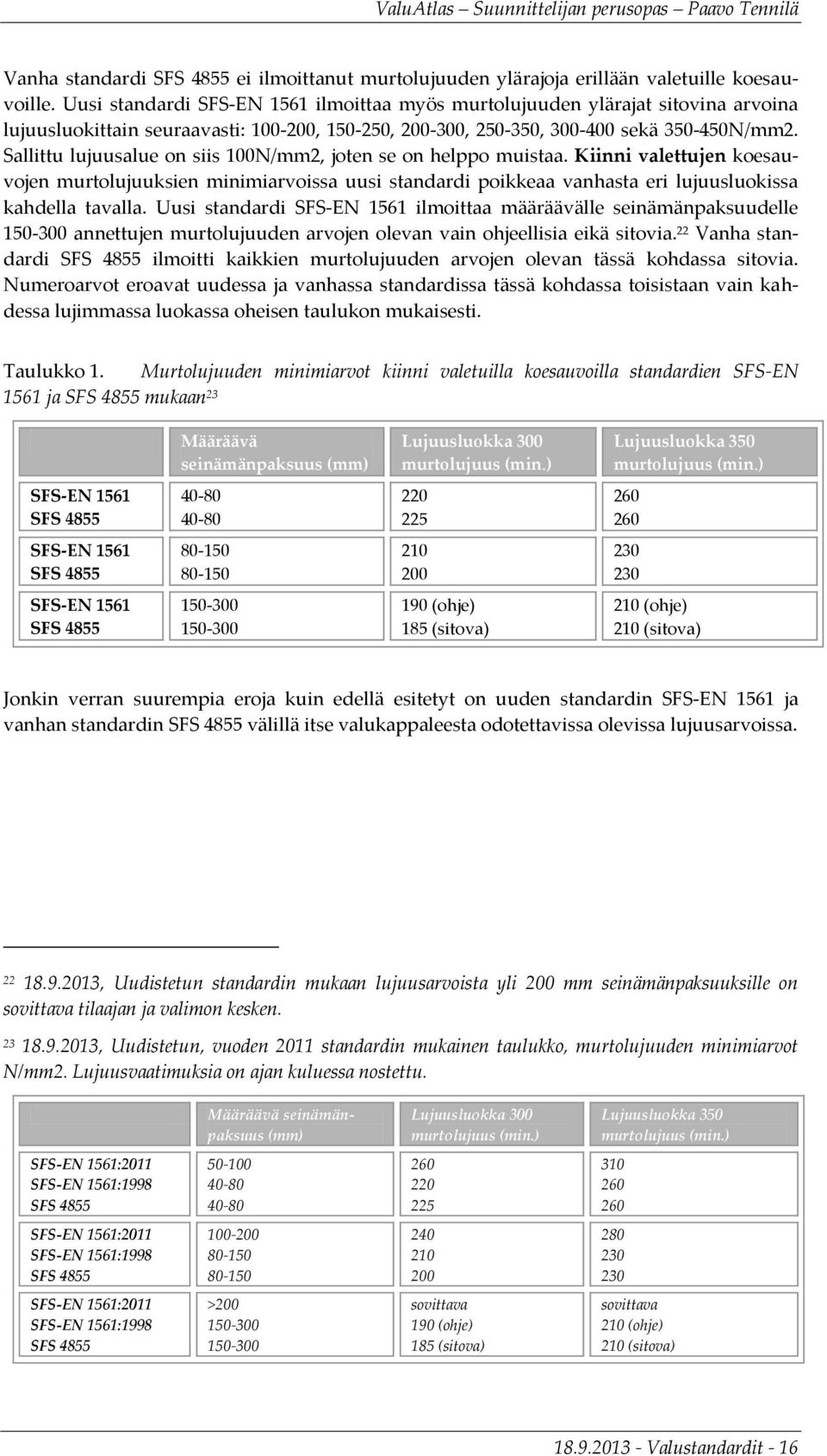 Sallittu lujuusalue on siis 100N/mm2, joten se on helppo muistaa. Kiinni valettujen koesauvojen murtolujuuksien minimiarvoissa uusi standardi poikkeaa vanhasta eri lujuusluokissa kahdella tavalla.