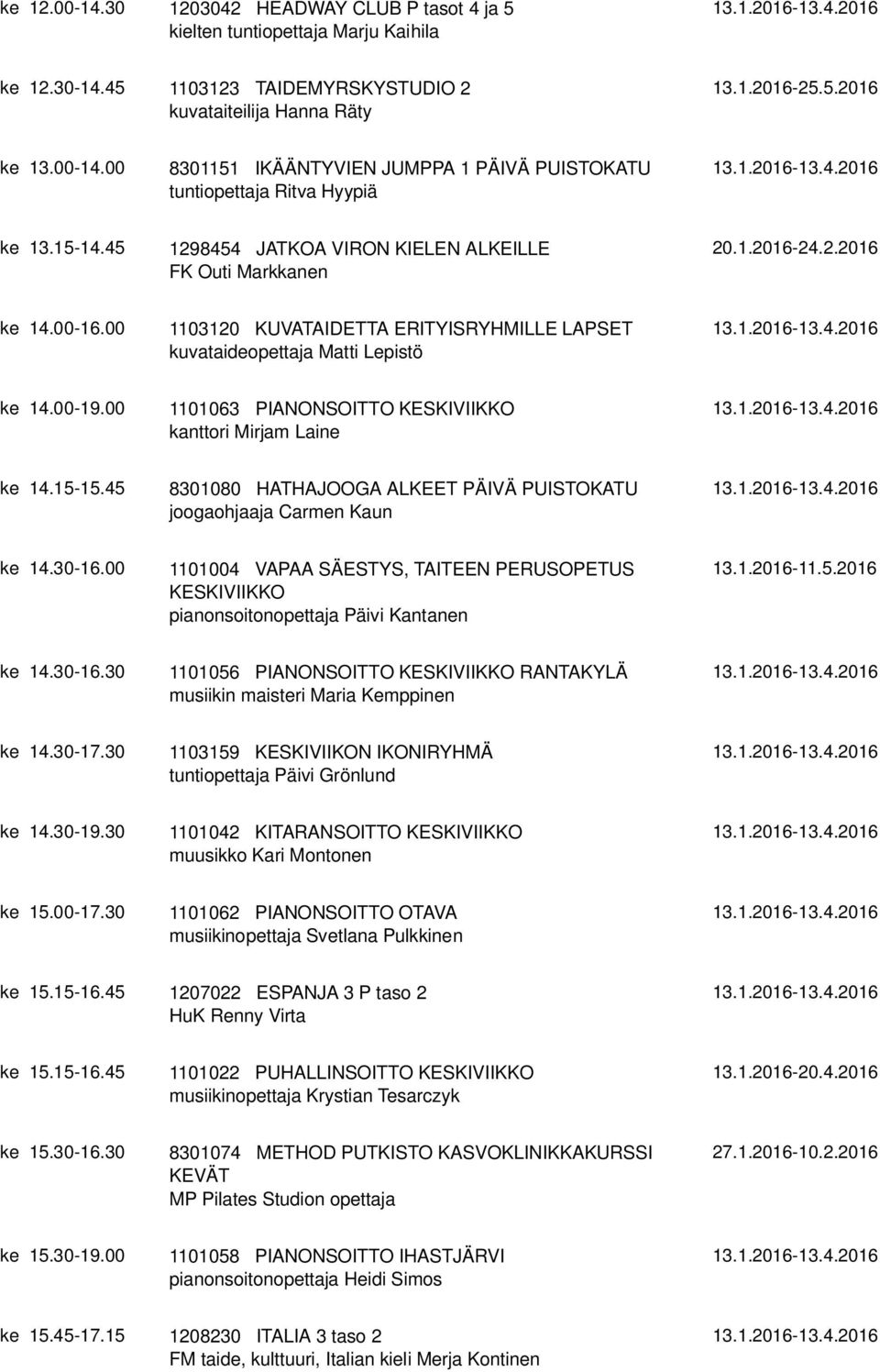 00 1101063 PIANONSOITTO KESKIVIIKKO kanttori Mirjam Laine ke 14.15-15.45 8301080 HATHAJOOGA ALKEET PÄIVÄ PUISTOKATU joogaohjaaja Carmen Kaun ke 14.30-16.