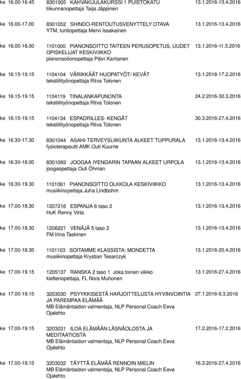 15 1104104 VÄRIKKÄÄT HUOPATYÖT/ KEVÄT tekstiilityönopettaja Ritva Tolonen 13.1.2016-17.2.2016 ke 16.15-19.15 1104119 TINALANKAPUNONTA tekstiilityönopettaja Ritva Tolonen 24.2.2016-30.3.2016 ke 16.15-19.15 1104134 ESPADRILLES- KENGÄT tekstiilityönopettaja Ritva Tolonen 30.