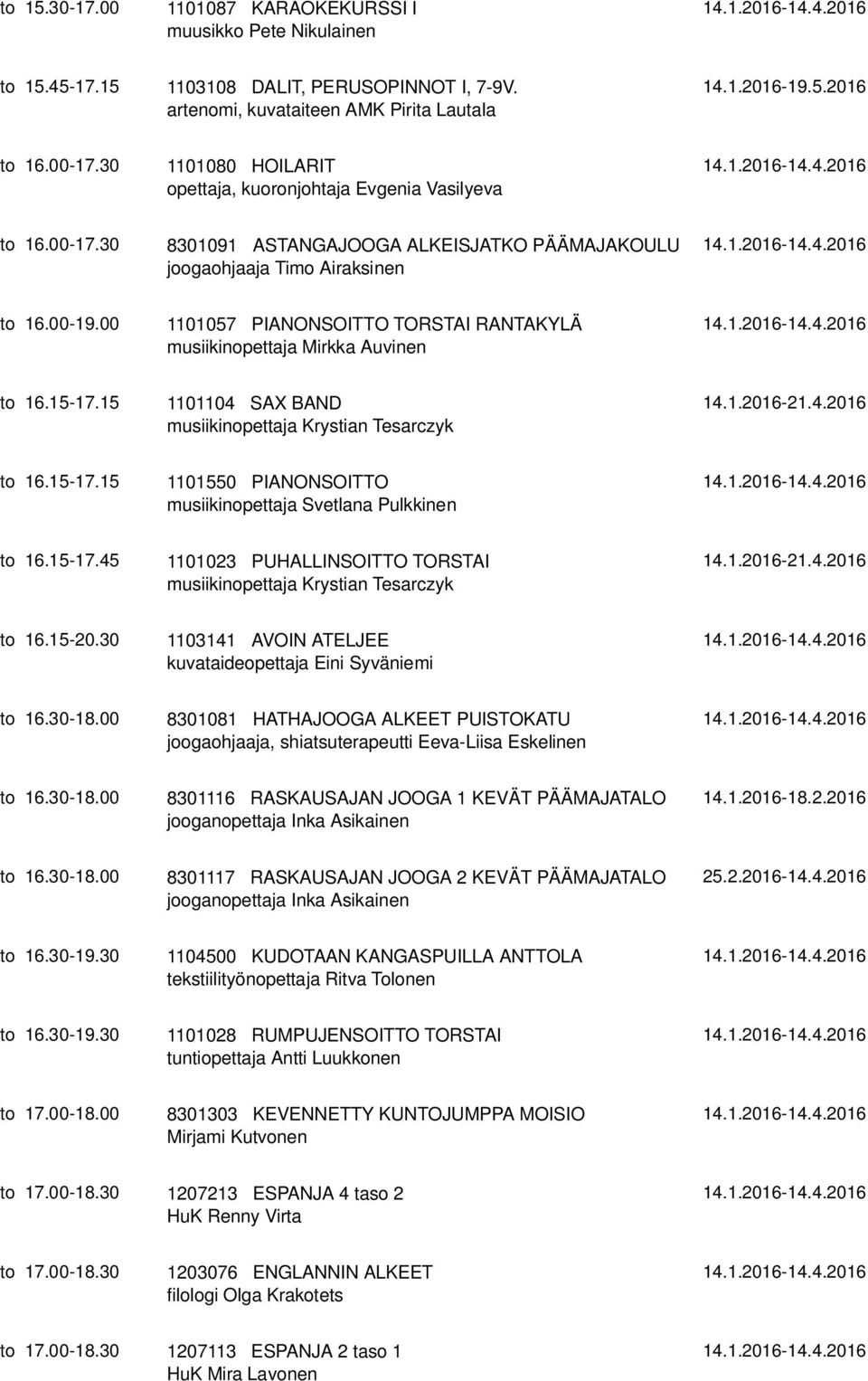 00 1101057 PIANONSOITTO TORSTAI RANTAKYLÄ musiikinopettaja Mirkka Auvinen to 16.15-17.15 1101104 SAX BAND musiikinopettaja Krystian Tesarczyk 14.1.2016-21.4.2016 to 16.15-17.15 1101550 PIANONSOITTO musiikinopettaja Svetlana Pulkkinen to 16.