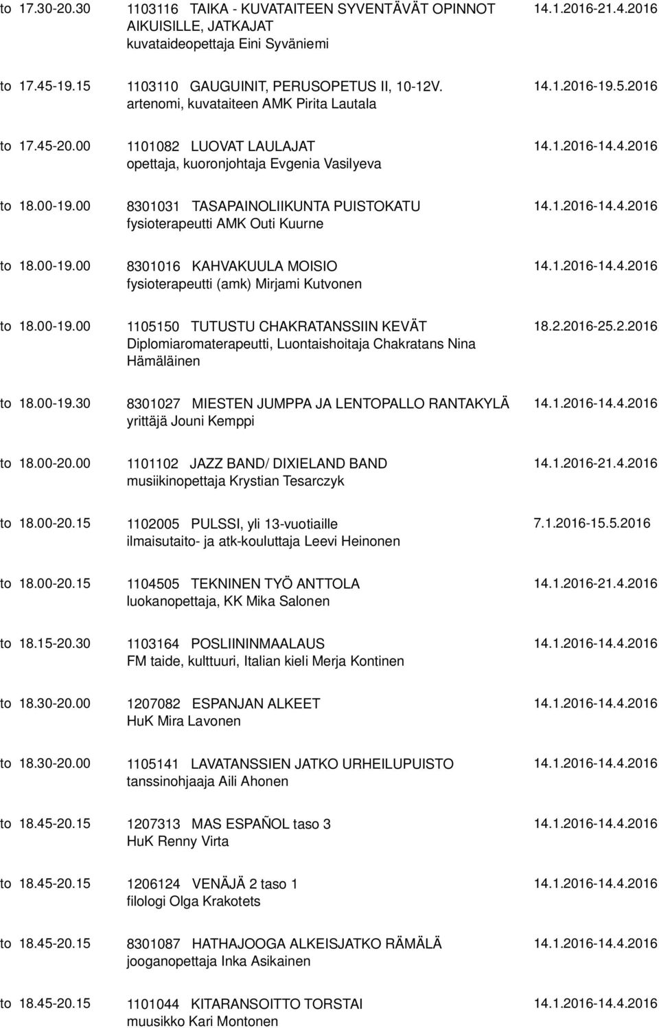 00 8301031 TASAPAINOLIIKUNTA PUISTOKATU fysioterapeutti AMK Outi Kuurne to 18.00-19.00 8301016 KAHVAKUULA MOISIO fysioterapeutti (amk) Mirjami Kutvonen to 18.00-19.00 1105150 TUTUSTU CHAKRATANSSIIN KEVÄT Diplomiaromaterapeutti, Luontaishoitaja Chakratans Nina Hämäläinen 18.