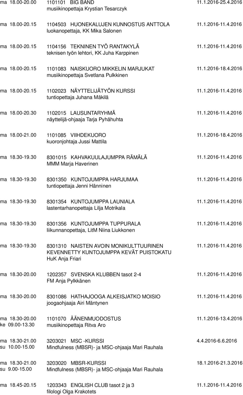 00-21.00 1101085 VIIHDEKUORO kuoronjohtaja Jussi Mattila 11.1.2016-18.4.2016 ma 18.30-19.30 8301015 KAHVAKUULAJUMPPA RÄMÄLÄ MMM Marja Haverinen ma 18.30-19.30 8301350 KUNTOJUMPPA HARJUMAA tuntiopettaja Jenni Hänninen ma 18.