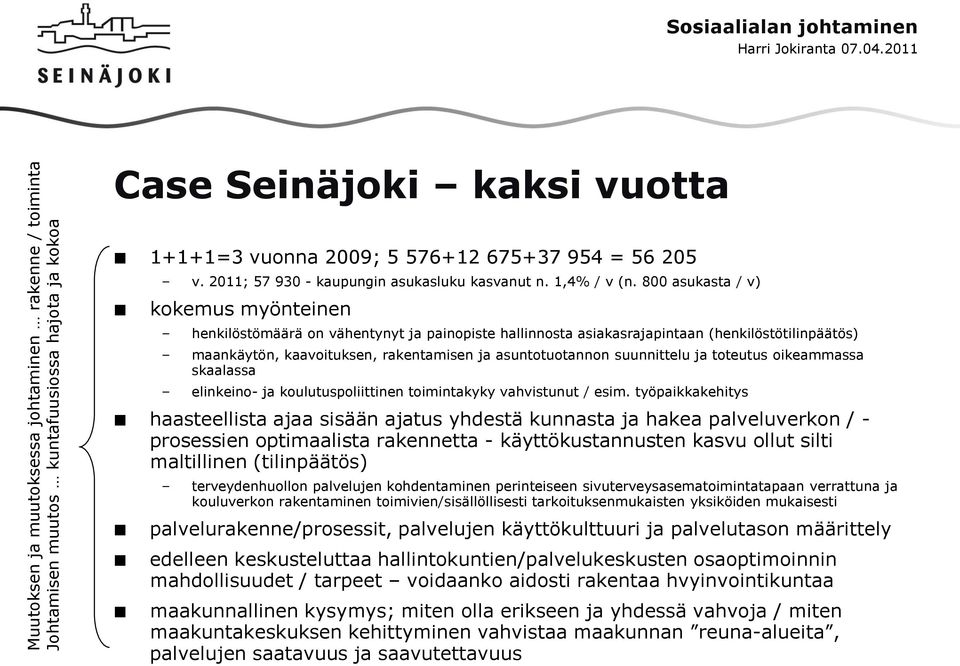 800 asukasta / v) kokemus myönteinen henkilöstömäärä on vähentynyt ja painopiste hallinnosta asiakasrajapintaan (henkilöstötilinpäätös) maankäytön, kaavoituksen, rakentamisen ja asuntotuotannon