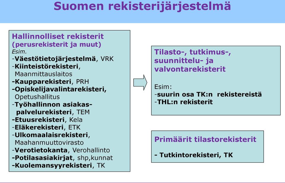 asiakaspalvelurekisteri, TEM -Etuusrekisteri, Kela -Eläkerekisteri, ETK -Ulkomaalaisrekisteri, Maahanmuuttovirasto -Verotietokanta, Verohallinto