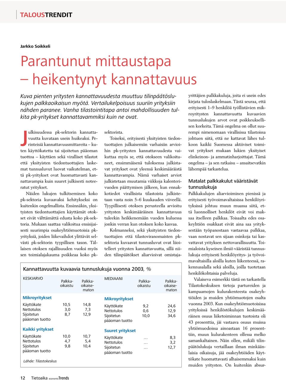 Kannattavuutta kuvaavia tunnuslukuja vuonna 2003, % KESKIARVO Lähde: Tilastokeskus Palkka- oikaisematon Palkkaoikaistu Matalat palkkakulut vääristävät tunnuslukuja Palkkakulujen aliarvioiminen