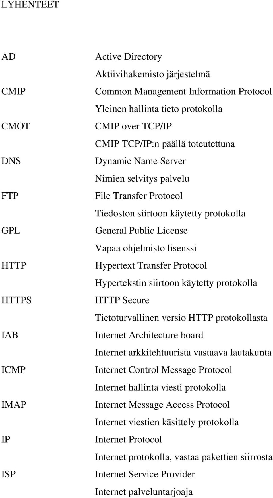 Hypertext Transfer Protocol Hypertekstin siirtoon käytetty protokolla HTTP Secure Tietoturvallinen versio HTTP protokollasta Internet Architecture board Internet arkkitehtuurista vastaava lautakunta