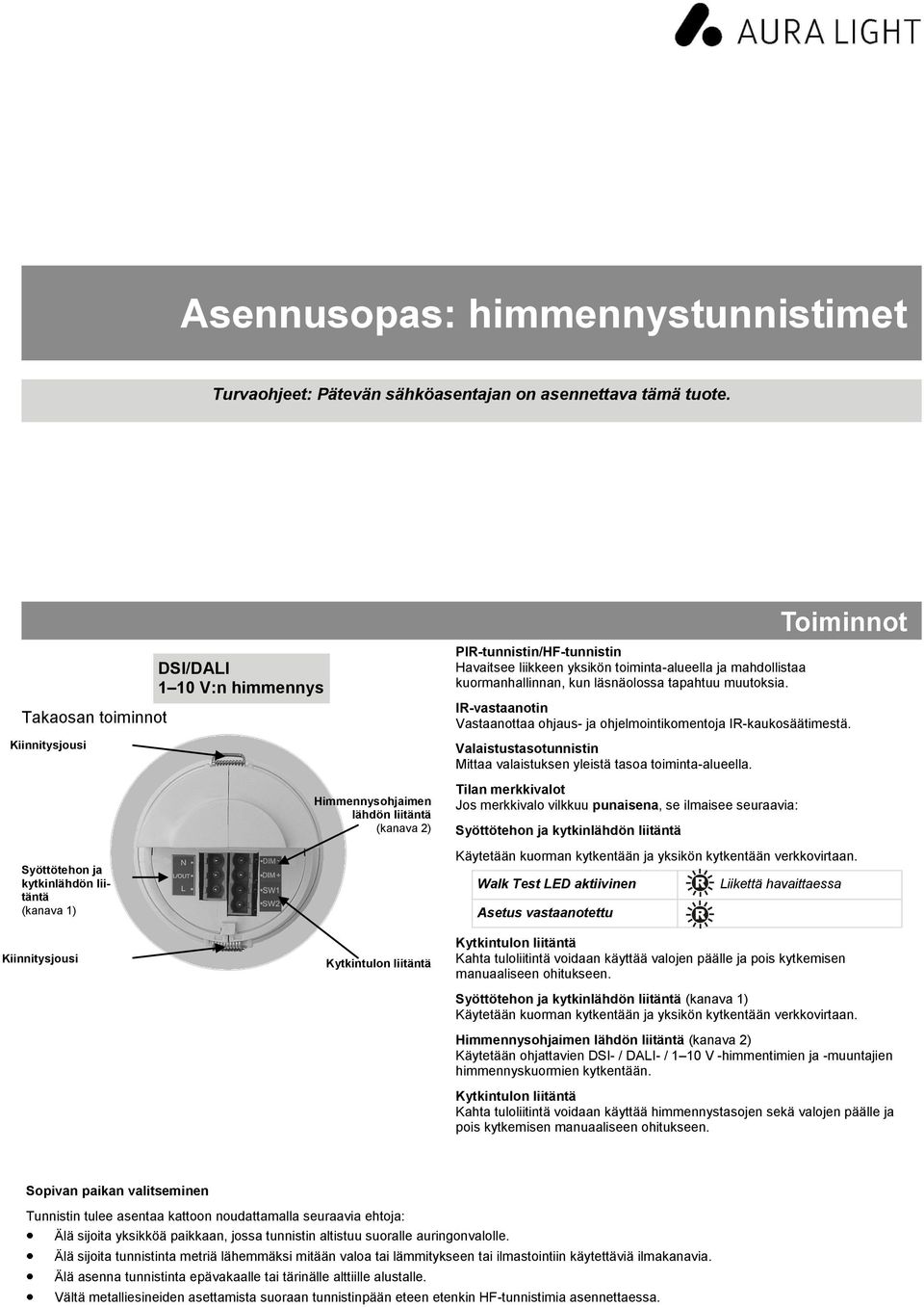 Havaitsee liikkeen yksikön toiminta-alueella ja mahdollistaa kuormanhallinnan, kun läsnäolossa tapahtuu muutoksia. IR-vastaanotin Vastaanottaa ohjaus- ja ohjelmointikomentoja IR-kaukosäätimestä.