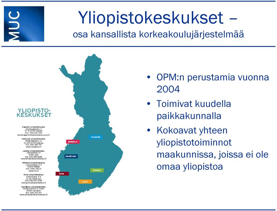 2004 Toimivat kuudella paikkakunnalla Kokoavat