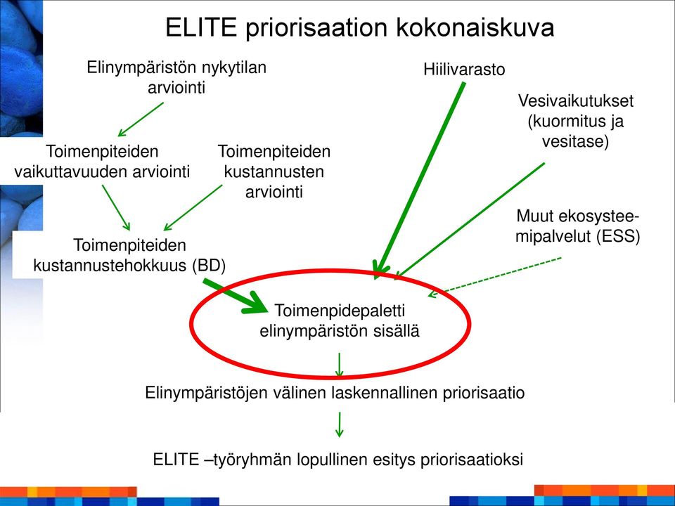 Vesivaikutukset (kuormitus ja vesitase) Muut ekosysteemipalvelut (ESS) Toimenpidepaletti