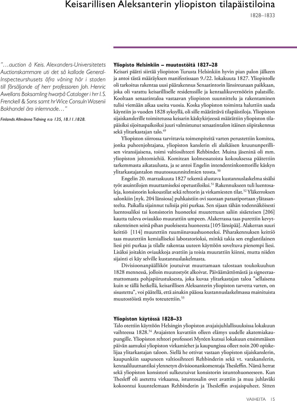 Henric Awellans Boksamling hwarpå Cataloger i hrr I. S. Frenckell & Sons samt hr Wice Consuln Wasenii Bokhandel äro inlemnade Finlands Allmänna Tidning n:o 135, 18.11.1828.