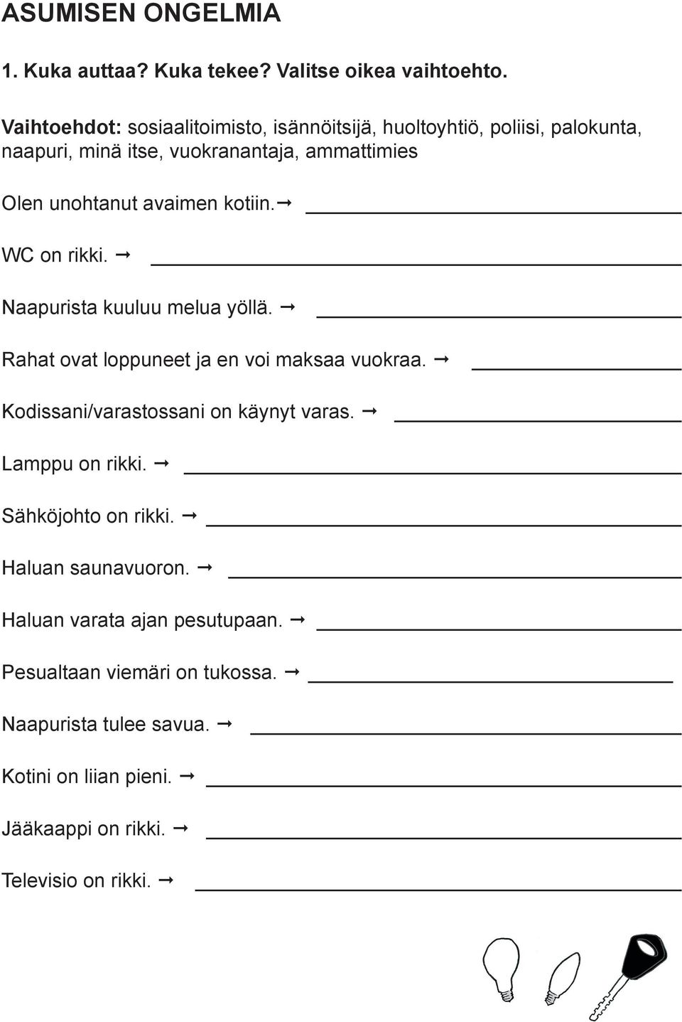 avaimen kotiin. WC on rikki. Naapurista kuuluu melua yöllä. Rahat ovat loppuneet ja en voi maksaa vuokraa.