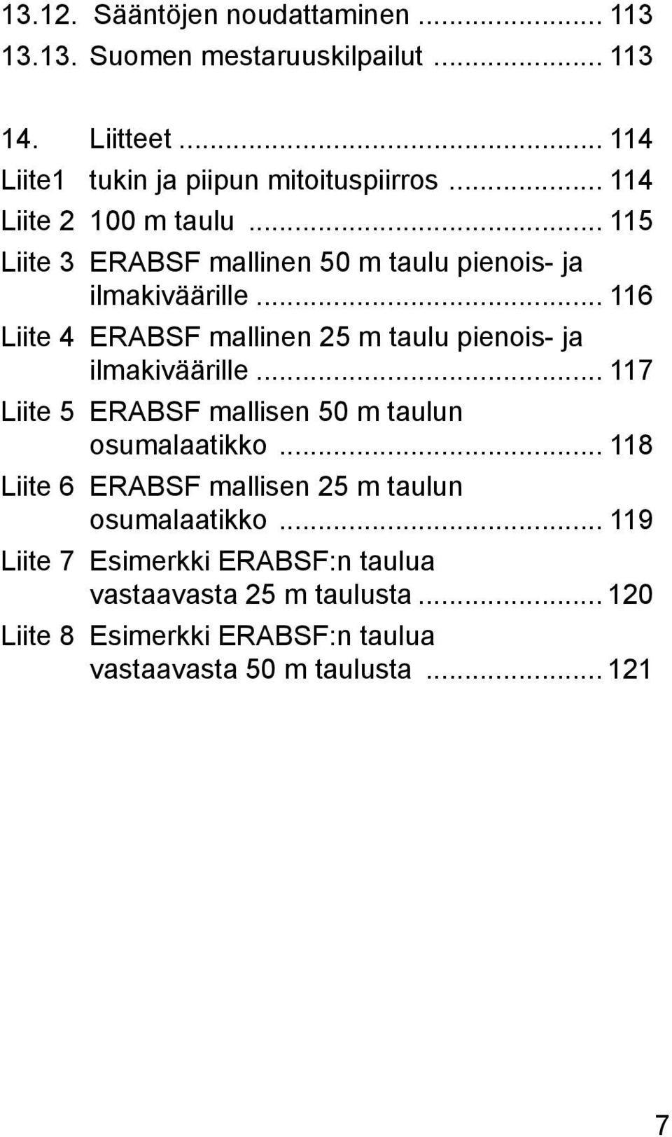 .. 116 Liite 4 ERABSF mallinen 25 m taulu pienois- ja ilmakiväärille... 117 Liite 5 ERABSF mallisen 50 m taulun osumalaatikko.