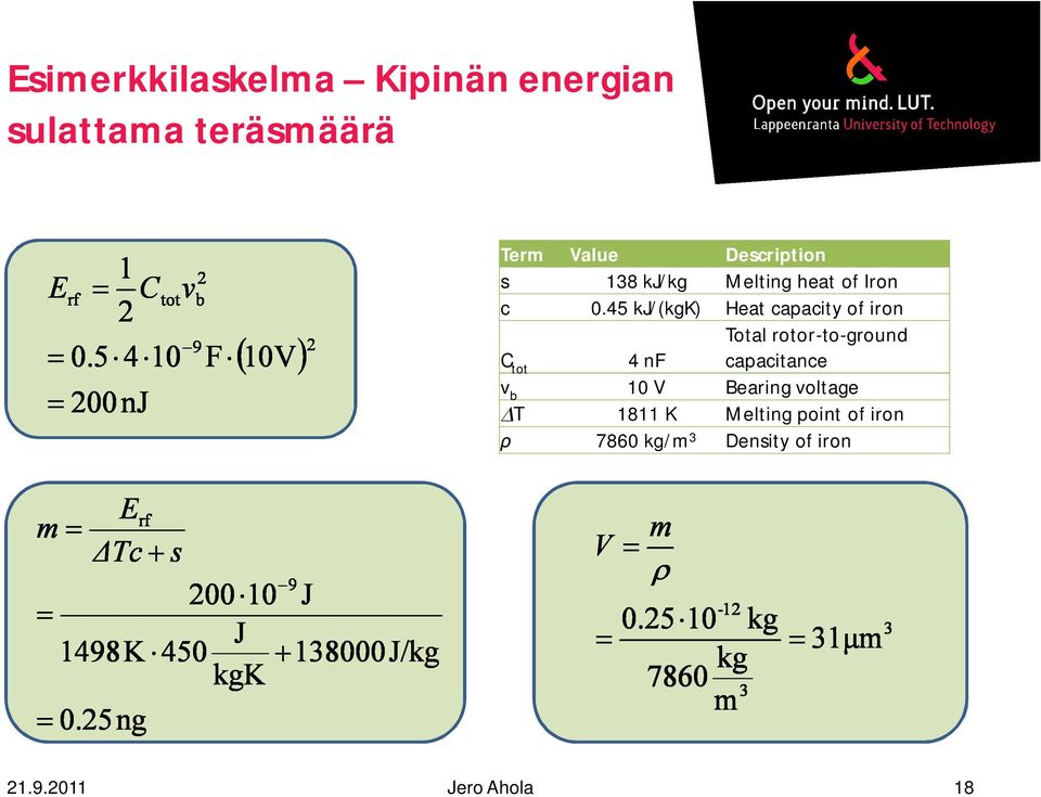 45 kj/(kgk) Heat capacity of iron Total rotor-to-ground capacitance C