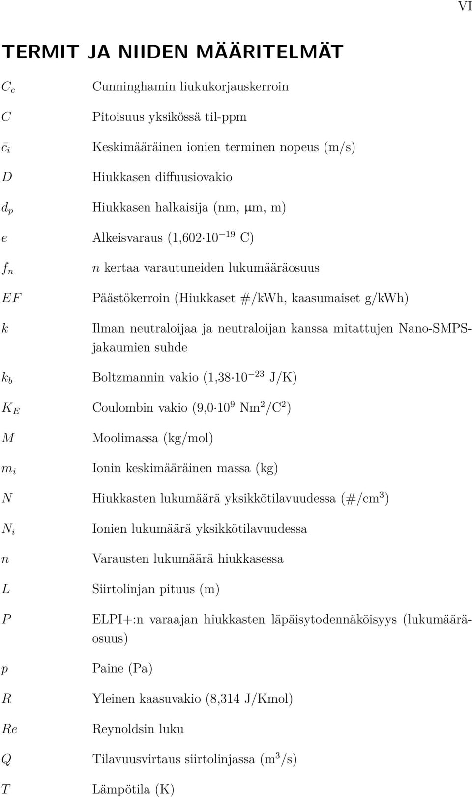 Nano-SMPSjakaumien suhde Boltzmannin vakio (1,38 10 23 J/K) K E Coulombin vakio (9,0 10 9 Nm 2 /C 2 ) M m i Moolimassa (kg/mol) Ionin keskimääräinen massa (kg) N Hiukkasten lukumäärä