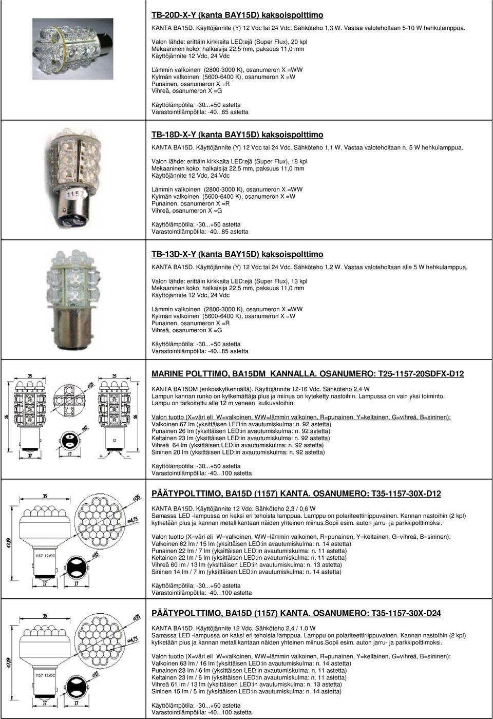 valkoinen (5600-6400 K), osanumeron X =W Punainen, osanumeron X =R Vihreä, osanumeron X =G Varastointilämpötila: -40...85 astetta TB-18D-X-Y (kanta BAY15D) kaksoispolttimo KANTA BA15D.