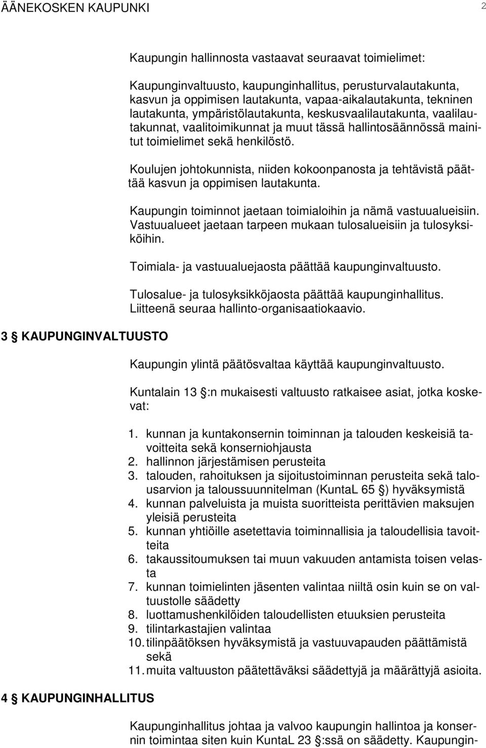 henkilöstö. Koulujen johtokunnista, niiden kokoonpanosta ja tehtävistä päättää kasvun ja oppimisen lautakunta. Kaupungin toiminnot jaetaan toimialoihin ja nämä vastuualueisiin.