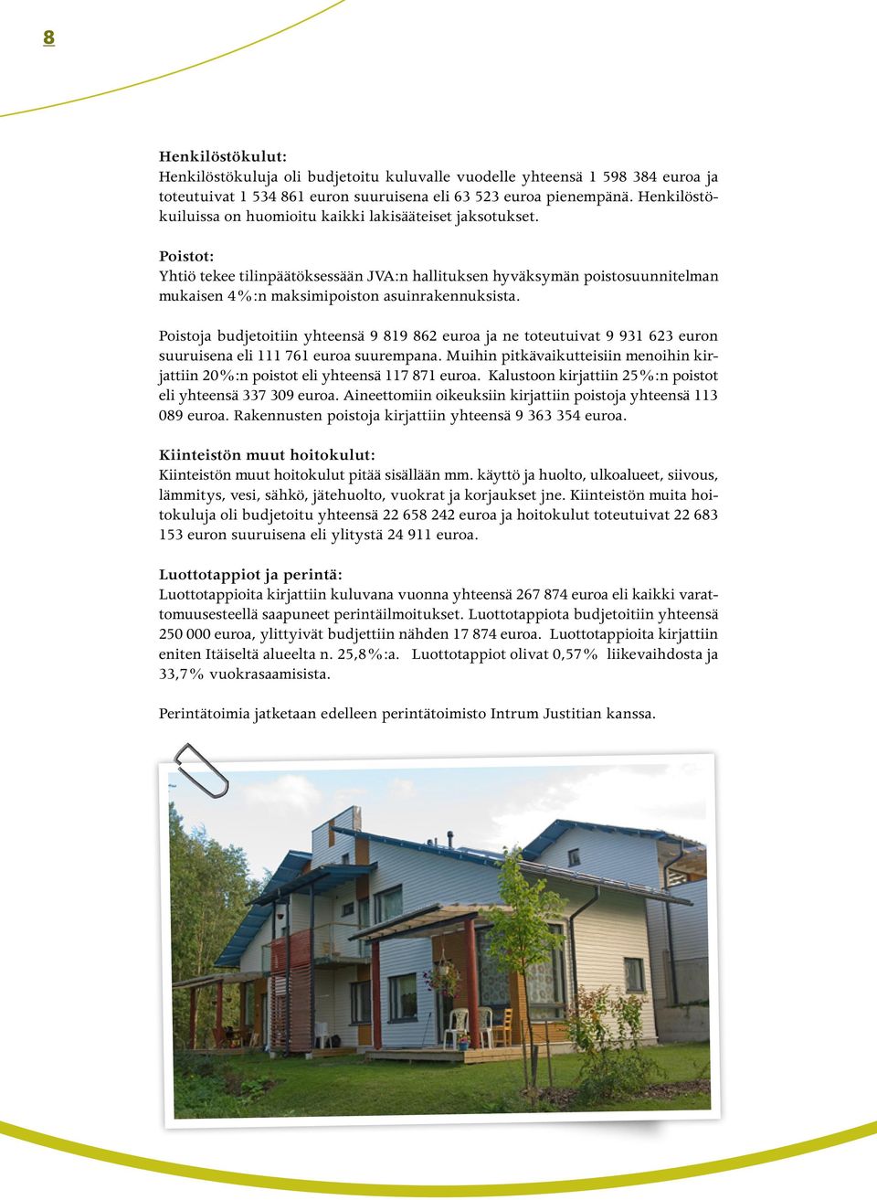Poistot: Yhtiö tekee tilinpäätöksessään JVA:n hallituksen hyväksymän poistosuunnitelman mukaisen 4 %:n maksimipoiston asuinrakennuksista.