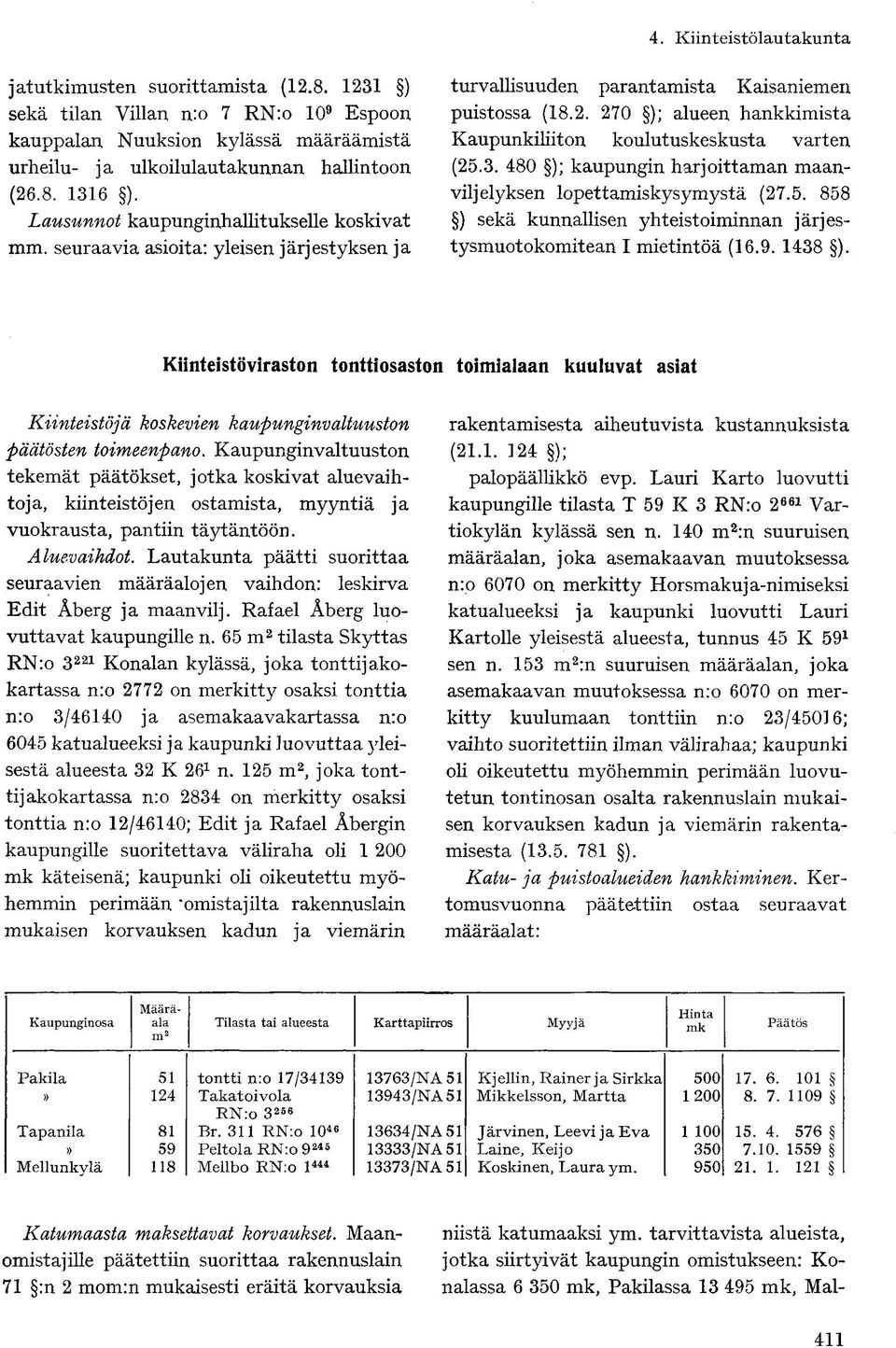 270 ); alueen hankkimista Kaupunkiliiton koulutuskeskusta varten (25.3. 480 ); kaupungin harjoittaman maanviljelyksen lopettamiskysymystä (27.5. 858 ) sekä kunnallisen yhteistoiminnan järjestysmuotokomitean I mietintöä (16.