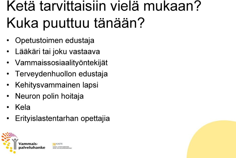 Vammaissosiaalityöntekijät Terveydenhuollon edustaja