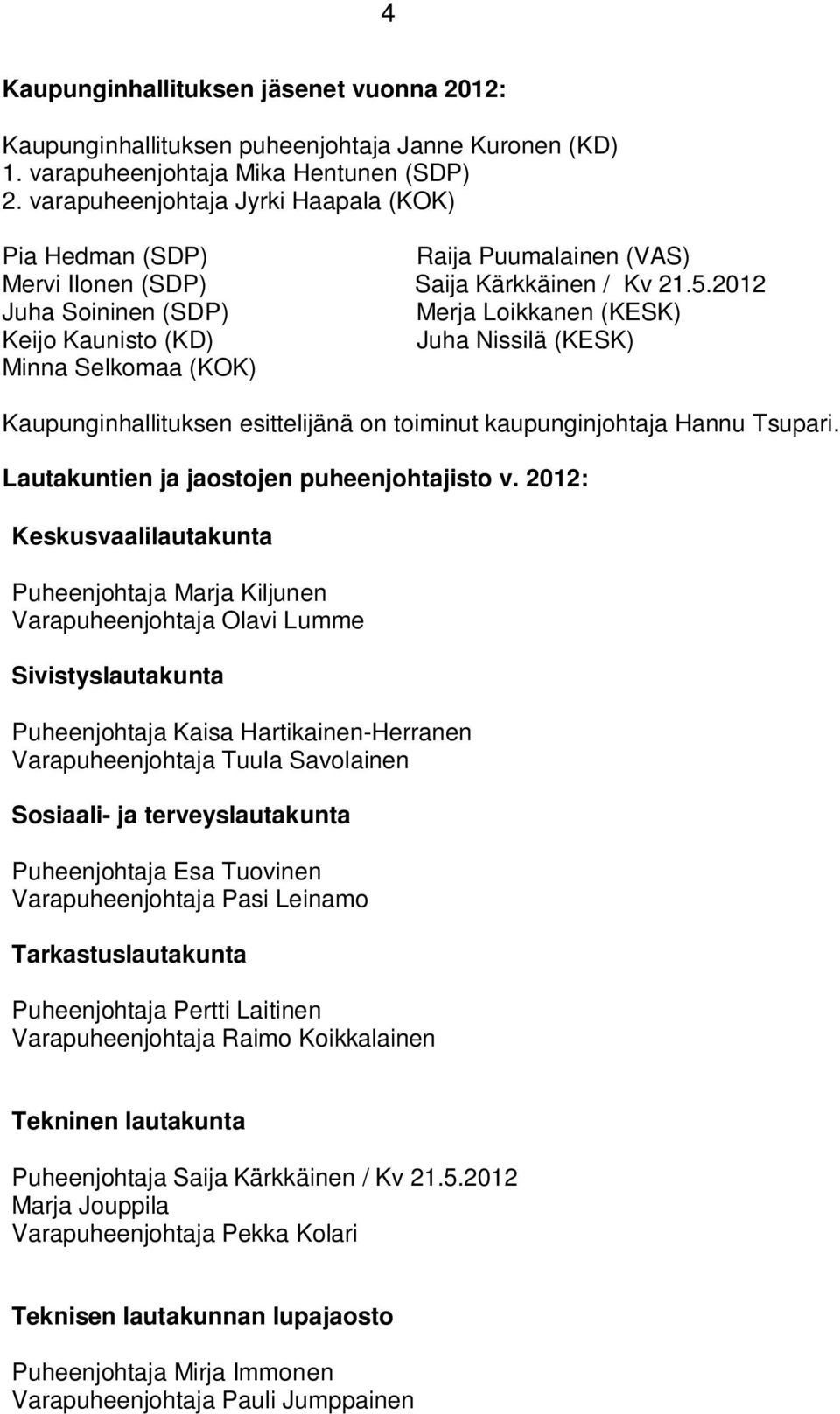 2012 Juha Soininen (SDP) Merja Loikkanen (KESK) Keijo Kaunisto (KD) Juha Nissilä (KESK) Minna Selkomaa (KOK) Kaupunginhallituksen esittelijänä on toiminut kaupunginjohtaja Hannu Tsupari.