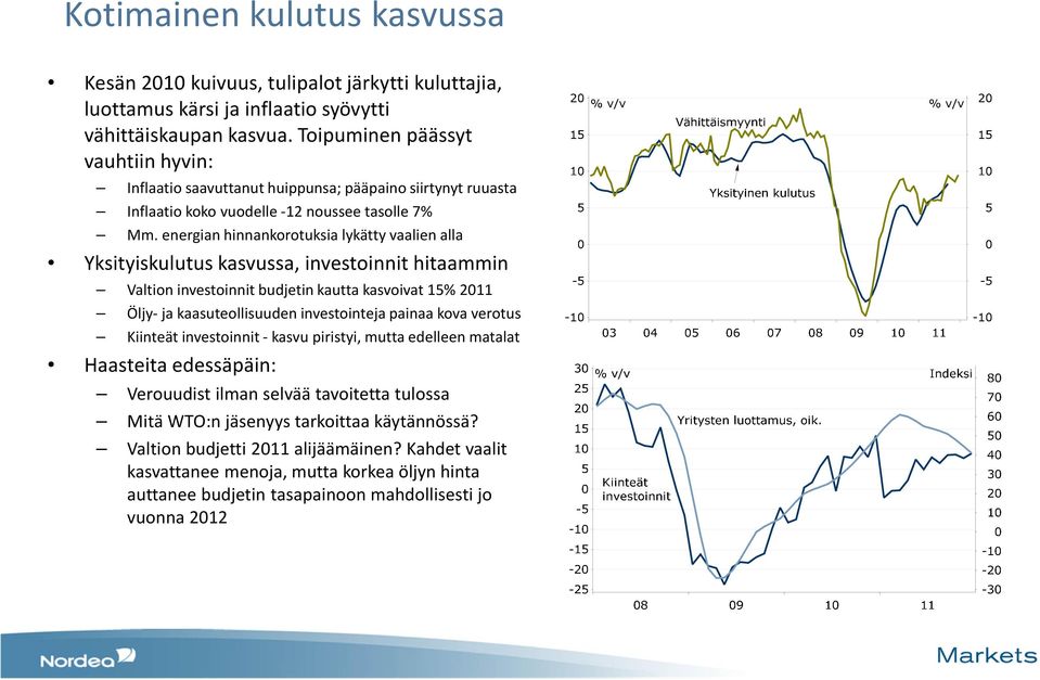 energian hinnankorotuksia lykätty vaalien alla Yksityiskulutus kasvussa, investoinnit hitaammin Valtion investoinnit budjetin kautta kasvoivat 15% 2011 Öljy- ja kaasuteollisuuden investointeja painaa