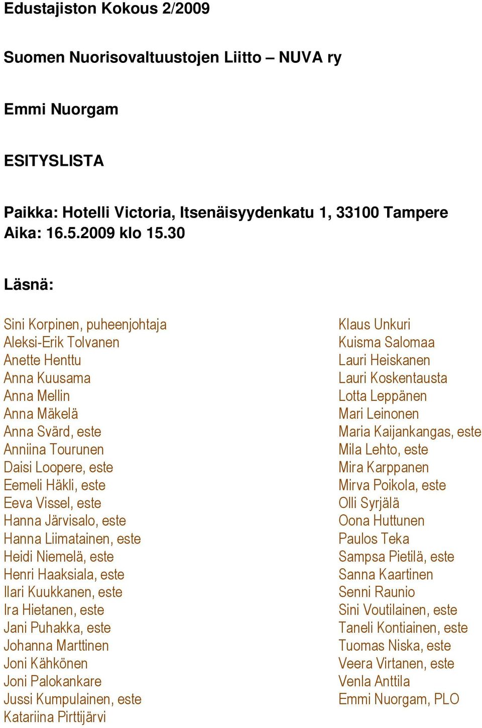 ESITYSLISTA Paikka: Hotelli Victoria,