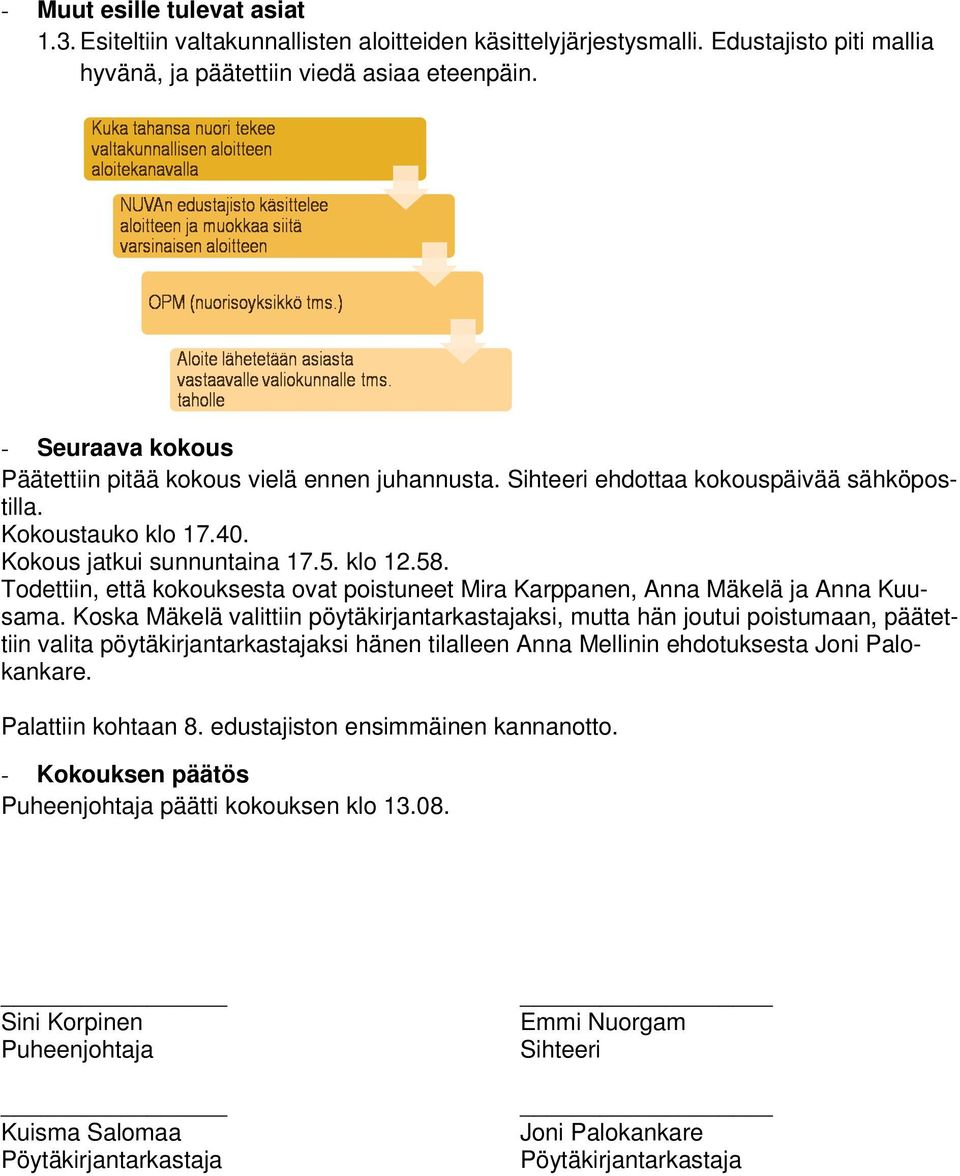 Todettiin, että kokouksesta ovat poistuneet Mira Karppanen, Anna Mäkelä ja Anna Kuusama.