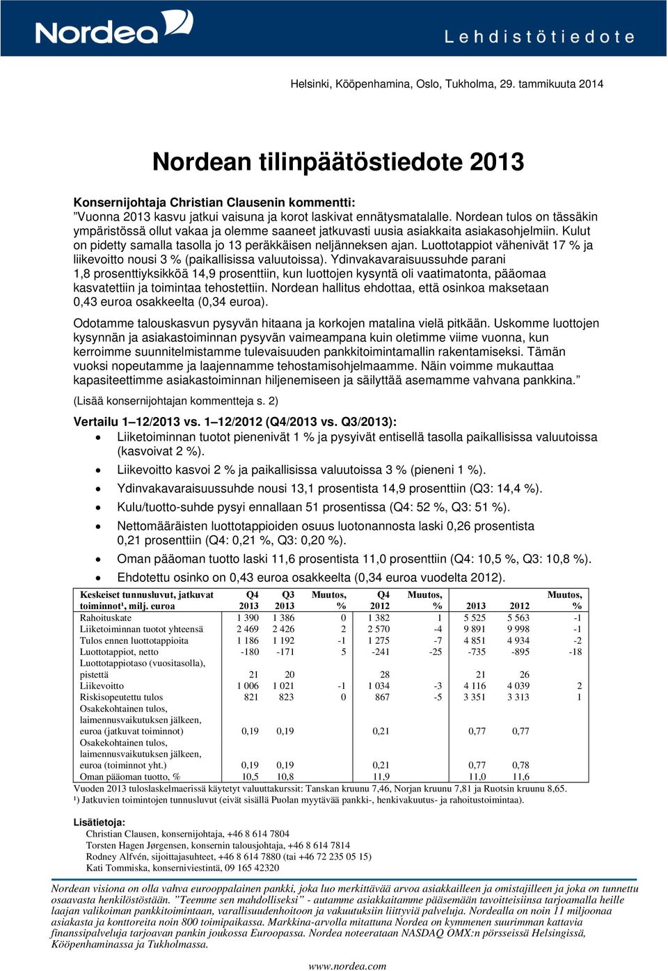 Nordean tulos on tässäkin ympäristössä ollut vakaa ja olemme saaneet jatkuvasti uusia asiakkaita asiakasohjelmiin. Kulut on pidetty samalla tasolla jo 13 peräkkäisen neljänneksen ajan.