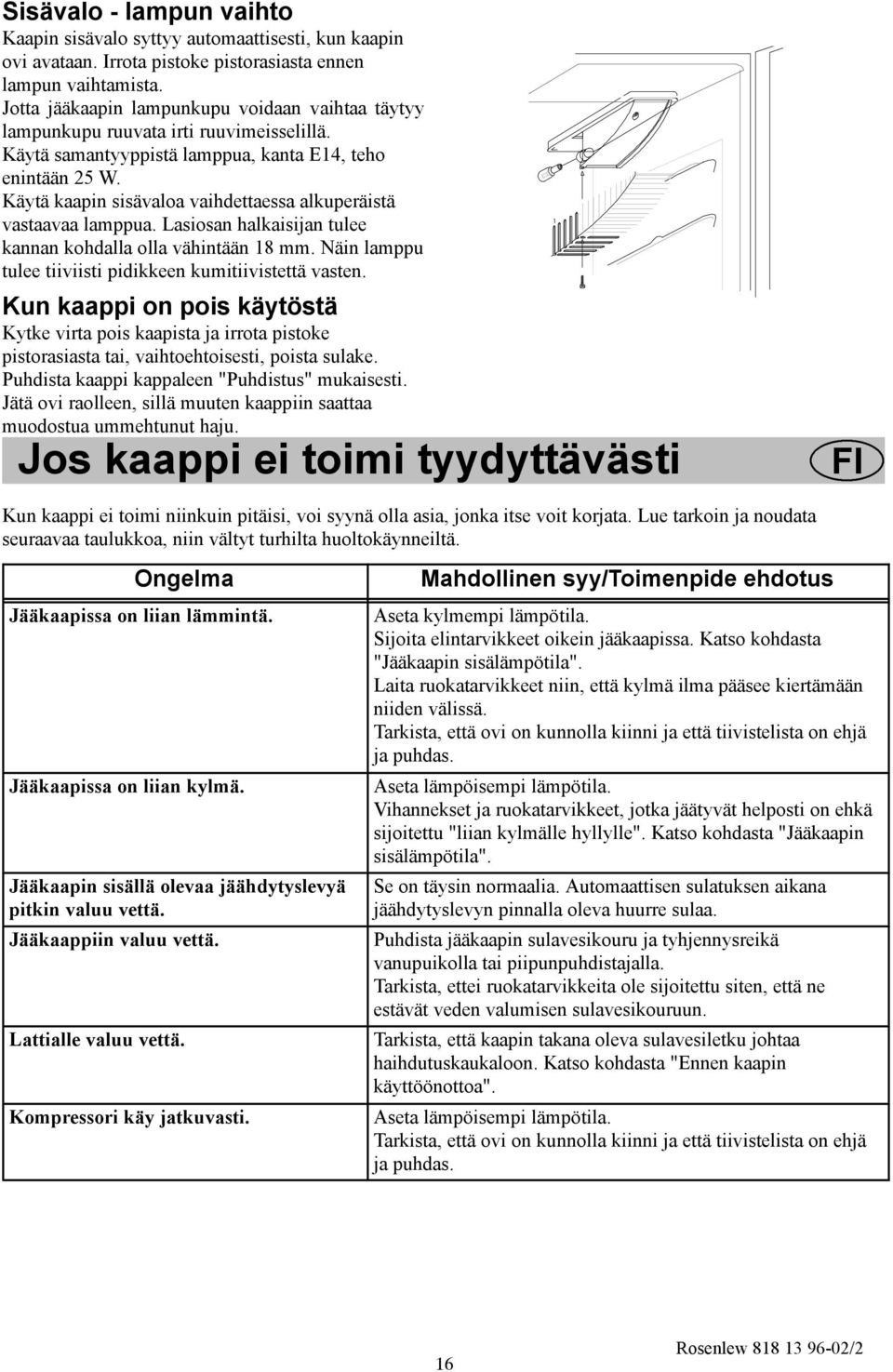 Käytä kaapin sisävaloa vaihdettaessa alkuperäistä vastaavaa lamppua. Lasiosan halkaisijan tulee kannan kohdalla olla vähintään 8 mm. Näin lamppu tulee tiiviisti pidikkeen kumitiivistettä vasten.