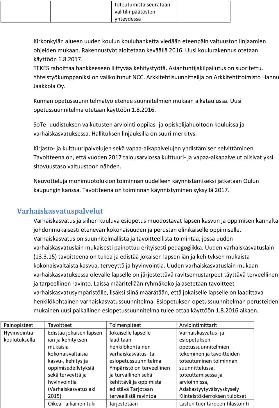 Arkkitehtisuunnittelija on Arkkitehtitoimisto Hannu Jaakkola Oy. Kunnan opetussuunnitelmatyö etenee suunnitelmien mukaan aikataulussa. Uusi opetussuunnitelma otetaan käyttöön 1.8.2016.