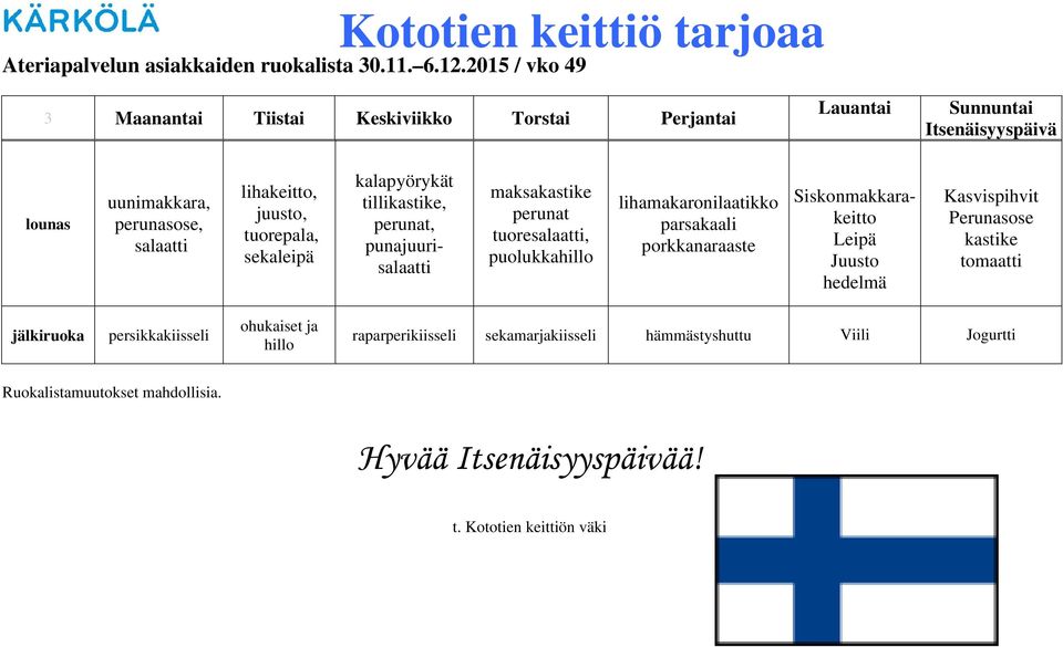 kalapyörykät punajuuri perunat tuore, lihamakaronilaatikko parsakaali porkkanaraaste Siskonmakkarakeitto Leipä