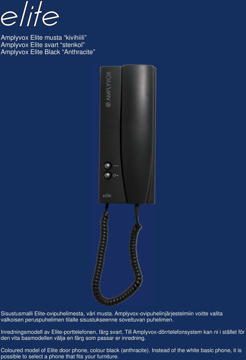 Inredningsmodell av Elite-porttelefonen, färg svart.