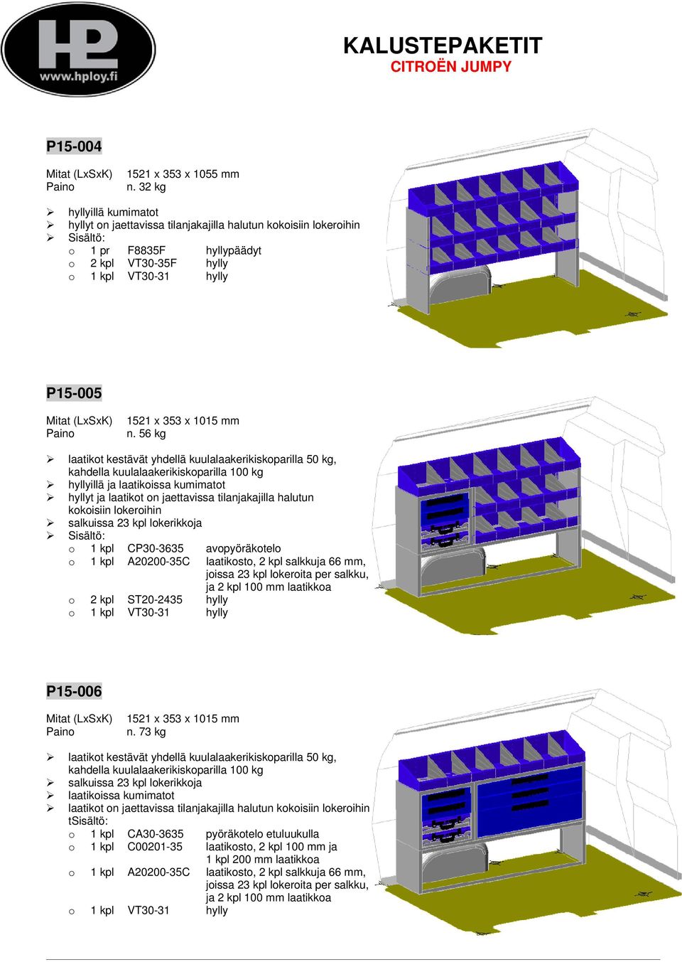 56 kg o 1 kpl CP30-3635 avopyöräkotelo o 1 kpl A20200-35C laatikosto, 2 kpl salkkuja 66 mm, ja 2 kpl 100 mm laatikkoa o 2 kpl ST20-2435 hylly o 1 kpl VT30-31
