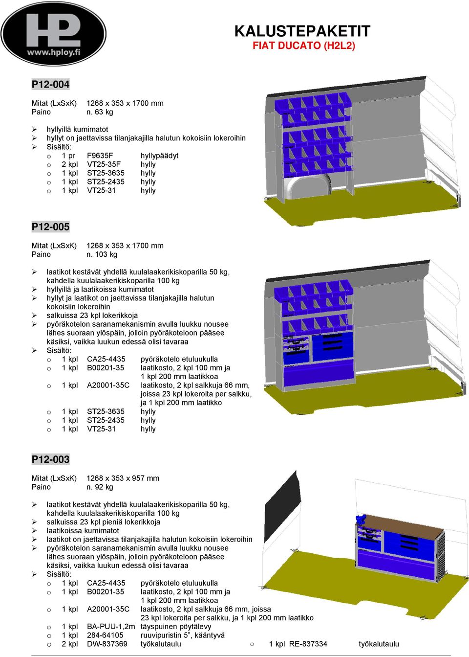 n. 103 kg o 1 kpl CA25-4435 pyöräkotelo etuluukulla o 1 kpl B00201-35 laatikosto, 2 kpl 100 mm ja o 1 kpl A20001-35C laatikosto, 2 kpl salkkuja 66 mm, ja 1 kpl 200 mm laatikko o 1 kpl ST25-3635 hylly