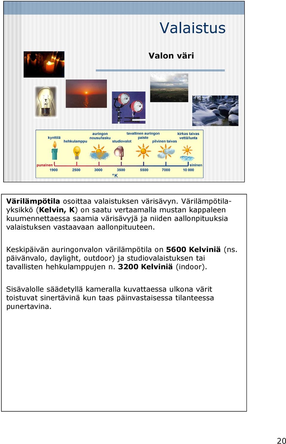 valaistuksen vastaavaan aallonpituuteen. Keskipäivän auringonvalon värilämpötila on 5600 Kelviniä (ns.