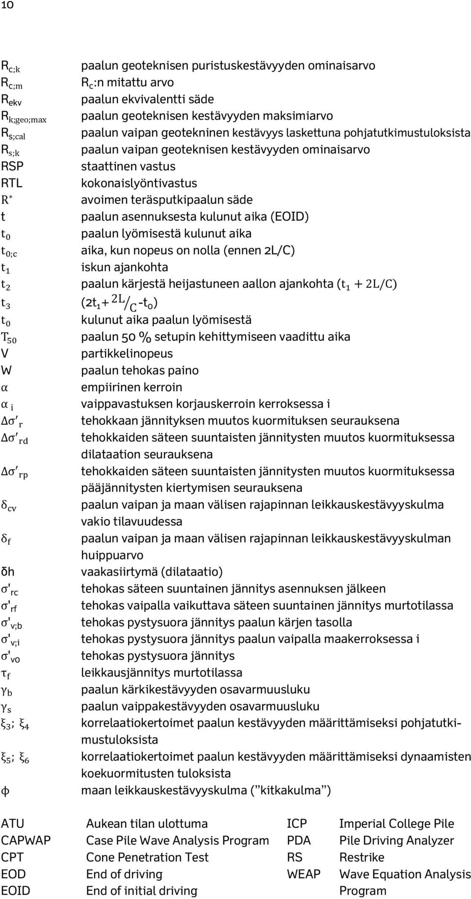 kestävyyden ominaisarvo staattinen vastus kokonaislyöntivastus avoimen teräsputkipaalun säde paalun asennuksesta kulunut aika (EOID) paalun lyömisestä kulunut aika aika, kun nopeus on nolla (ennen